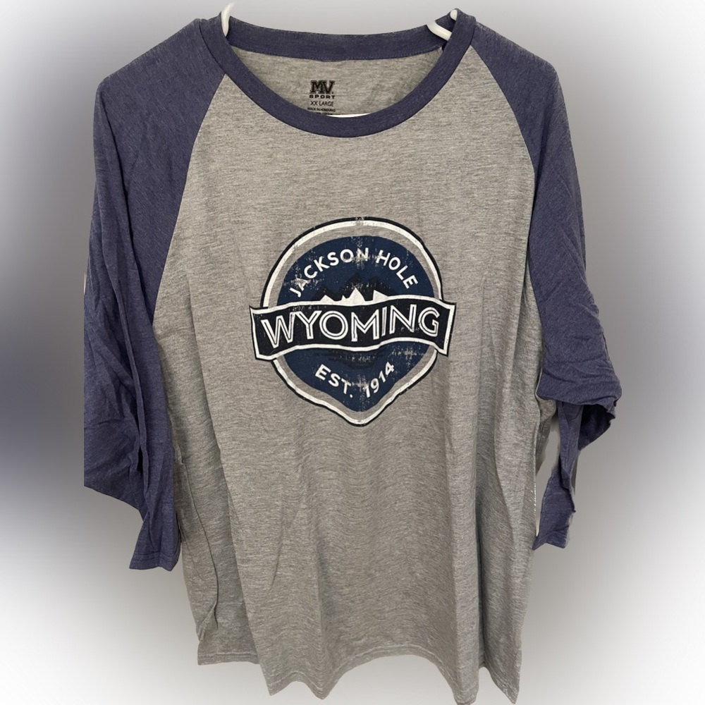 Men’s raglan baseball T-shirt grey with navy sleeves - Jackson Hole WY design